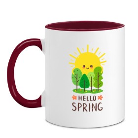 Кружка двухцветная с принтом Hello Spring в Тюмени, керамика | объем — 330 мл, диаметр — 80 мм. Цветная ручка и кайма сверху, в некоторых цветах — вся внутренняя часть | 2020 | арт | весна | деревья | лес | солнце | солнышко | цветы