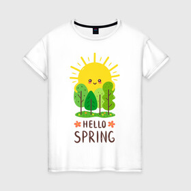 Женская футболка хлопок с принтом Hello Spring в Тюмени, 100% хлопок | прямой крой, круглый вырез горловины, длина до линии бедер, слегка спущенное плечо | 2020 | арт | весна | деревья | лес | солнце | солнышко | цветы