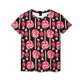 Женская футболка 3D с принтом Леденцы в Тюмени, 100% полиэфир ( синтетическое хлопкоподобное полотно) | прямой крой, круглый вырез горловины, длина до линии бедер | конфеты | красный | леденцы | сладость | черный