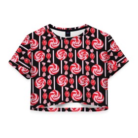 Женская футболка Crop-top 3D с принтом Леденцы в Тюмени, 100% полиэстер | круглая горловина, длина футболки до линии талии, рукава с отворотами | конфеты | красный | леденцы | сладость | черный