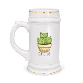 Кружка пивная с принтом Catctus в Тюмени,  керамика (Материал выдерживает высокую температуру, стоит избегать резкого перепада температур) |  объем 630 мл | art | cactus | cats | kittens | pot | арт | горшок | кактус | коты | котята | кошки