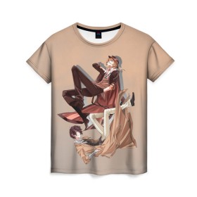 Женская футболка 3D с принтом Дазай и Чуя в Тюмени, 100% полиэфир ( синтетическое хлопкоподобное полотно) | прямой крой, круглый вырез горловины, длина до линии бедер | bungou stray dogs | аниме | великие из бродячих псов | дазай | чуя