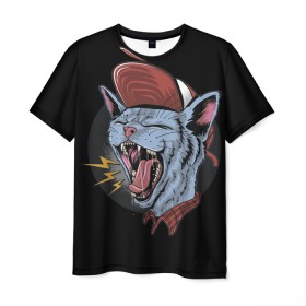 Мужская футболка 3D с принтом Rock n Roll Cat в Тюмени, 100% полиэфир | прямой крой, круглый вырез горловины, длина до линии бедер | 