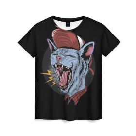 Женская футболка 3D с принтом Rock n Roll Cat в Тюмени, 100% полиэфир ( синтетическое хлопкоподобное полотно) | прямой крой, круглый вырез горловины, длина до линии бедер | 