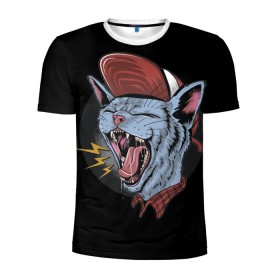 Мужская футболка 3D спортивная с принтом Rock n Roll Cat в Тюмени, 100% полиэстер с улучшенными характеристиками | приталенный силуэт, круглая горловина, широкие плечи, сужается к линии бедра | 
