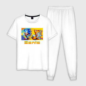 Мужская пижама хлопок с принтом Sonic mania 8-бит в Тюмени, 100% хлопок | брюки и футболка прямого кроя, без карманов, на брюках мягкая резинка на поясе и по низу штанин
 | 