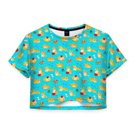 Женская футболка Crop-top 3D с принтом Корги в Тюмени, 100% полиэстер | круглая горловина, длина футболки до линии талии, рукава с отворотами | art | corgi | dog | арт | корги | паттерн | собака