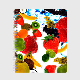 Тетрадь с принтом фрукты в Тюмени, 100% бумага | 48 листов, плотность листов — 60 г/м2, плотность картонной обложки — 250 г/м2. Листы скреплены сбоку удобной пружинной спиралью. Уголки страниц и обложки скругленные. Цвет линий — светло-серый
 | doodling | pattern | textures | tiles | банан | дудлинг | овощи | паттерны | скатерть | тайлы | текстуры | фон | фрукты