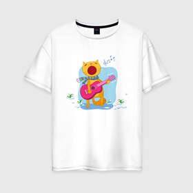 Женская футболка хлопок Oversize с принтом Spring Cat в Тюмени, 100% хлопок | свободный крой, круглый ворот, спущенный рукав, длина до линии бедер
 | art | cat | flowers | guitar | music | notes | snowdrops | spring | арт | весна | гитара | кот | котик | музыка | ноты | подснежники | цветы
