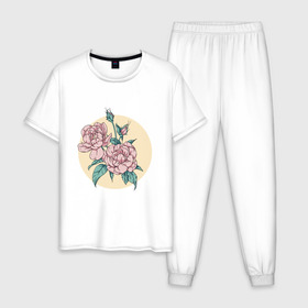Мужская пижама хлопок с принтом Цветы в Тюмени, 100% хлопок | брюки и футболка прямого кроя, без карманов, на брюках мягкая резинка на поясе и по низу штанин
 | 8 марта | девушкам | иллюстрация | пионы | подарок | розы | цветы