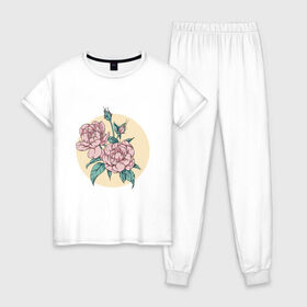 Женская пижама хлопок с принтом Цветы в Тюмени, 100% хлопок | брюки и футболка прямого кроя, без карманов, на брюках мягкая резинка на поясе и по низу штанин | 8 марта | девушкам | иллюстрация | пионы | подарок | розы | цветы