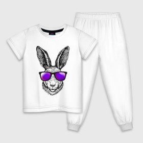 Детская пижама хлопок с принтом Клевый заяц в Тюмени, 100% хлопок |  брюки и футболка прямого кроя, без карманов, на брюках мягкая резинка на поясе и по низу штанин
 | Тематика изображения на принте: заяц | заяц в очках | крутой | кул | солнечные очки