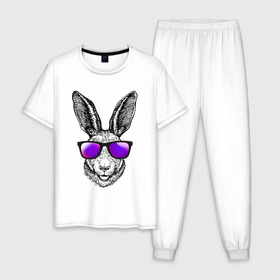 Мужская пижама хлопок с принтом Клевый заяц в Тюмени, 100% хлопок | брюки и футболка прямого кроя, без карманов, на брюках мягкая резинка на поясе и по низу штанин
 | заяц | заяц в очках | крутой | кул | солнечные очки