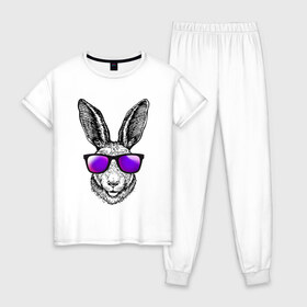 Женская пижама хлопок с принтом Клевый заяц в Тюмени, 100% хлопок | брюки и футболка прямого кроя, без карманов, на брюках мягкая резинка на поясе и по низу штанин | заяц | заяц в очках | крутой | кул | солнечные очки