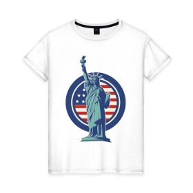 Женская футболка хлопок с принтом Usa Liberty Statue в Тюмени, 100% хлопок | прямой крой, круглый вырез горловины, длина до линии бедер, слегка спущенное плечо | friends | liberty | liberty statue | logo | new york | statue | usa | друзья | нью йорк | статуя | статуя свободы | сша