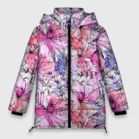 Женская зимняя куртка 3D с принтом Акварельные цветы в Тюмени, верх — 100% полиэстер; подкладка — 100% полиэстер; утеплитель — 100% полиэстер | длина ниже бедра, силуэт Оверсайз. Есть воротник-стойка, отстегивающийся капюшон и ветрозащитная планка. 

Боковые карманы с листочкой на кнопках и внутренний карман на молнии | 8 марта | flover | акварель | акварельные цветы | краски | цветы