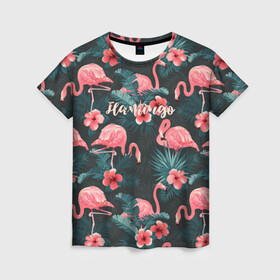 Женская футболка 3D с принтом Flamingo в Тюмени, 100% полиэфир ( синтетическое хлопкоподобное полотно) | прямой крой, круглый вырез горловины, длина до линии бедер | Тематика изображения на принте: girl | woman | девушкам | девушки | листья | подарок | тропические цветы | фламинго | цветы