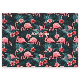 Поздравительная открытка с принтом Flamingo в Тюмени, 100% бумага | плотность бумаги 280 г/м2, матовая, на обратной стороне линовка и место для марки
 | Тематика изображения на принте: girl | woman | девушкам | девушки | листья | подарок | тропические цветы | фламинго | цветы
