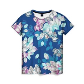 Женская футболка 3D с принтом Нежные цветы в Тюмени, 100% полиэфир ( синтетическое хлопкоподобное полотно) | прямой крой, круглый вырез горловины, длина до линии бедер | girl | woman | девушкам | девушки | листья | подарок | тропические цветы | цветы