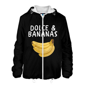 Мужская куртка 3D с принтом Dolce and Bananas в Тюмени, ткань верха — 100% полиэстер, подклад — флис | прямой крой, подол и капюшон оформлены резинкой с фиксаторами, два кармана без застежек по бокам, один большой потайной карман на груди. Карман на груди застегивается на липучку | banana | dolce and gabbana | банан | бананы | дольче и габбана | на английском | на иностранном | надписи на английском | надпись | прикольные надписи | слово | слоган | со словом | чёрно белая