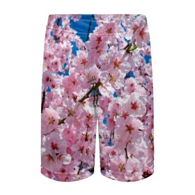 Детские спортивные шорты 3D с принтом Цветущая Сакура в Тюмени,  100% полиэстер
 | пояс оформлен широкой мягкой резинкой, ткань тянется
 | Тематика изображения на принте: 8 марта | весна | вишня | женский день | лепестки | март | поздравления | праздник 8 марта | ромашки | сакура | цветок | цветочки | цветы | япония