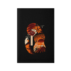 Обложка для паспорта матовая кожа с принтом JAPAN FOX в Тюмени, натуральная матовая кожа | размер 19,3 х 13,7 см; прозрачные пластиковые крепления | Тематика изображения на принте: fox | japan | orange | sakura | знаки | иероглифы | лиса | сакура | символы | фудзияма | япония