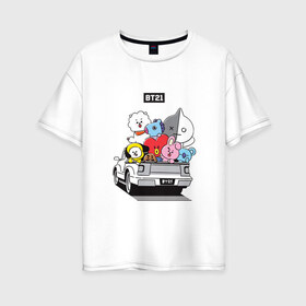 Женская футболка хлопок Oversize с принтом BT21 в Тюмени, 100% хлопок | свободный крой, круглый ворот, спущенный рукав, длина до линии бедер
 | bt21 | bts | k pop | бт21 | бтс | бтс 2020 | группа бтс | к поп | кей поп | кейпоп