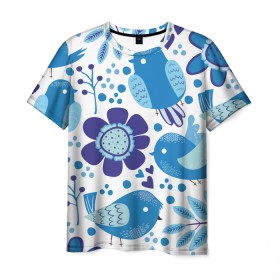 Мужская футболка 3D с принтом Воробушки в Тюмени, 100% полиэфир | прямой крой, круглый вырез горловины, длина до линии бедер | bird | forest | russia | winter | воробей | гжель | голубь | зима | лес | настроение | птица | птицы | россия | синий | синичка | хобби | хохлома | цвет | цветы