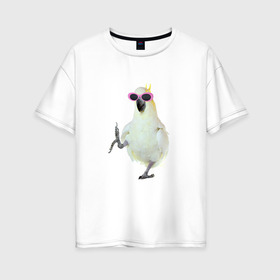 Женская футболка хлопок Oversize с принтом Попугай в очках в Тюмени, 100% хлопок | свободный крой, круглый ворот, спущенный рукав, длина до линии бедер
 | крутой попугай | мем | попугай в очках | прикол | птица | смешная картинка
