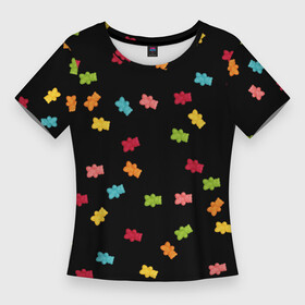 Женская футболка 3D Slim с принтом Мармеладные мишки в Тюмени,  |  | десерт | красный | мармелад | мишка | сахар | сладкий | черный
