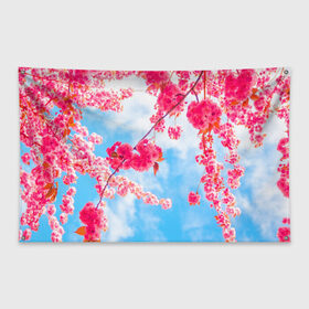 Флаг-баннер с принтом Цветение Вишни в Тюмени, 100% полиэстер | размер 67 х 109 см, плотность ткани — 95 г/м2; по краям флага есть четыре люверса для крепления | Тематика изображения на принте: flowers | pink | бутоны | весна | вишня | дерево | листья | небо | облака | природа | розовый | сакура | солнце | цветение | цветочки | цветы