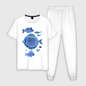 Мужская пижама хлопок с принтом Рыбы Чёрного моря в Тюмени, 100% хлопок | брюки и футболка прямого кроя, без карманов, на брюках мягкая резинка на поясе и по низу штанин
 | синий море рыба рыбы акварель графика забавные мультяшные лето