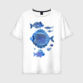 Женская футболка хлопок Oversize с принтом Рыбы Чёрного моря в Тюмени, 100% хлопок | свободный крой, круглый ворот, спущенный рукав, длина до линии бедер
 | синий море рыба рыбы акварель графика забавные мультяшные лето