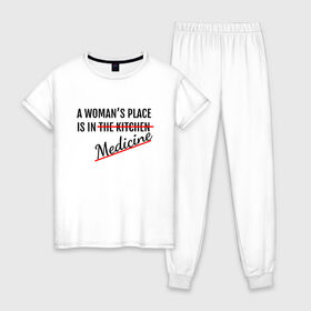 Женская пижама хлопок с принтом Женщина в медицине в Тюмени, 100% хлопок | брюки и футболка прямого кроя, без карманов, на брюках мягкая резинка на поясе и по низу штанин | будущий врач | врач | девушка | доктор | жизнь | любимое дело | любовь | мед | мед работник | медик | медицина | медсестра | место женщины | наука | ординатор | ординатура | права | профессия | свобода