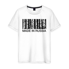 Мужская футболка хлопок с принтом Made in Russia в Тюмени, 100% хлопок | прямой крой, круглый вырез горловины, длина до линии бедер, слегка спущенное плечо. | Тематика изображения на принте: barcode | country | forest | russia | береза | лес | родина | россия | страна | штрихкод
