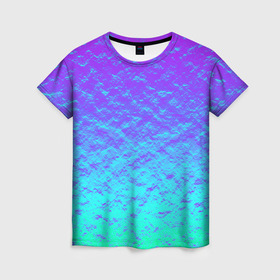 Женская футболка 3D с принтом ПЕРЛАМУТР в Тюмени, 100% полиэфир ( синтетическое хлопкоподобное полотно) | прямой крой, круглый вырез горловины, длина до линии бедер | neon | retro | абстракция | блестки | вода | волны | краски | неон | неоновый | перламутр | поп | радуга | ретро | текстура | фиолетовый