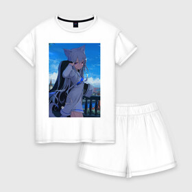 Женская пижама с шортиками хлопок с принтом Anime art в Тюмени, 100% хлопок | футболка прямого кроя, шорты свободные с широкой мягкой резинкой | anime | art | china | girl | sky | аниме | арт | девушка | платье | уши
