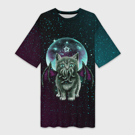Платье-футболка 3D с принтом КОТ КТУЛХУ в Тюмени,  |  | animals | cat | cthulhu | demon | kittens | monster | neon | signs | space | stars | wings | демон | животные | звезды | знаки | космос | кот | котята | крылья | ктулху | монстр | неон
