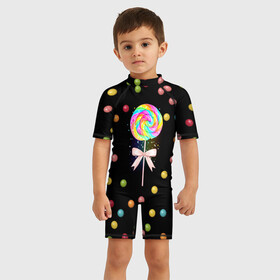 Детский купальный костюм 3D с принтом Леденец в Тюмени, Полиэстер 85%, Спандекс 15% | застежка на молнии на спине | карамель | конфета | леденец | мармелад | радужный | разноцветный | сахар | сладкий