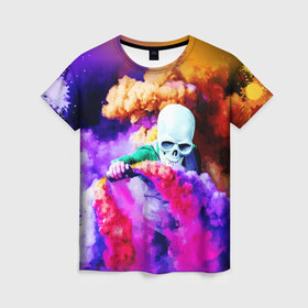 Женская футболка 3D с принтом Череп в дыму в Тюмени, 100% полиэфир ( синтетическое хлопкоподобное полотно) | прямой крой, круглый вырез горловины, длина до линии бедер | вода | дым | краски | огонь | скелеты | цветной | череп | шашки | яркий