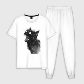 Мужская пижама хлопок с принтом Грозовой, кошак (опасный) в Тюмени, 100% хлопок | брюки и футболка прямого кроя, без карманов, на брюках мягкая резинка на поясе и по низу штанин
 | зубастый | котиков | коты | опасный | семья | черный