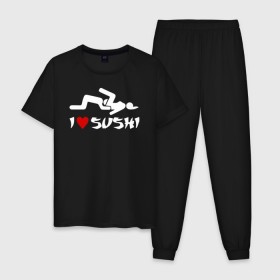 Мужская пижама хлопок с принтом I love sushi в Тюмени, 100% хлопок | брюки и футболка прямого кроя, без карманов, на брюках мягкая резинка на поясе и по низу штанин
 | brazzers | milf | ананизм | бразерс | браззерс | братья | звезда | куни | кунилингус | милф | надпись | прикол