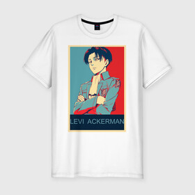 Мужская футболка хлопок Slim с принтом Леви Аккерман в Тюмени, 92% хлопок, 8% лайкра | приталенный силуэт, круглый вырез ворота, длина до линии бедра, короткий рукав | аниме | атака титанов | вторжение гигантов | леви аккерман