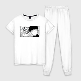 Женская пижама хлопок с принтом Mob Loves Milk в Тюмени, 100% хлопок | брюки и футболка прямого кроя, без карманов, на брюках мягкая резинка на поясе и по низу штанин | Тематика изображения на принте: mob loves milk | mob psycho 100 | аниме | мою психо