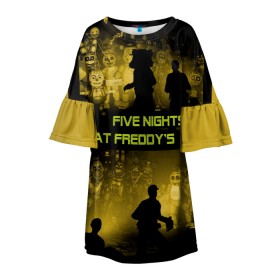 Детское платье 3D с принтом Five Nights at Freddys в Тюмени, 100% полиэстер | прямой силуэт, чуть расширенный к низу. Круглая горловина, на рукавах — воланы | five | freddys | horror | nights | point and click | survival | игра | ночей | пять | фредди