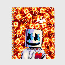 Тетрадь с принтом MARSHMELLO в Тюмени, 100% бумага | 48 листов, плотность листов — 60 г/м2, плотность картонной обложки — 250 г/м2. Листы скреплены сбоку удобной пружинной спиралью. Уголки страниц и обложки скругленные. Цвет линий — светло-серый
 | fire | marshmello | music | дым | зефир | зефирка | лого | лого marshmello | лого маршмеллоу | логотип | логотип marshmello | логотип маршмеллоу | маршиеллоу | маска | музыка | музыкант | огненная рука