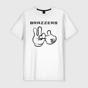 Мужская футболка хлопок Slim с принтом Brazzers в Тюмени, 92% хлопок, 8% лайкра | приталенный силуэт, круглый вырез ворота, длина до линии бедра, короткий рукав | brazzers | анани | бразерс | браззерс | братья | звезда | надпись | прикол | проно хуб | сайт | 