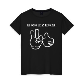 Женская футболка хлопок с принтом Brazzers в Тюмени, 100% хлопок | прямой крой, круглый вырез горловины, длина до линии бедер, слегка спущенное плечо | brazzers | ананизм | бразерс | браззерс | братья | звезда | мостурба | надпись | прикол | проно хуб | сайт | с