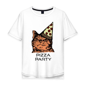 Мужская футболка хлопок Oversize с принтом PIZZA PARTY в Тюмени, 100% хлопок | свободный крой, круглый ворот, “спинка” длиннее передней части | Тематика изображения на принте: party | pizza | pizza party | time | арт | веселье | время | для детей | животные | картинка | кот | котик | котики | пицца | пиццы | рисунок | рыжий кот