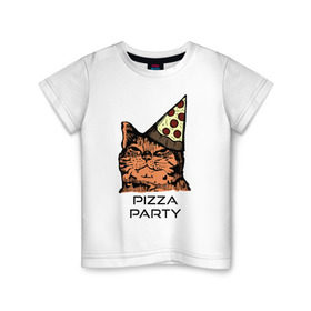 Детская футболка хлопок с принтом PIZZA PARTY в Тюмени, 100% хлопок | круглый вырез горловины, полуприлегающий силуэт, длина до линии бедер | party | pizza | pizza party | time | арт | веселье | время | для детей | животные | картинка | кот | котик | котики | пицца | пиццы | рисунок | рыжий кот